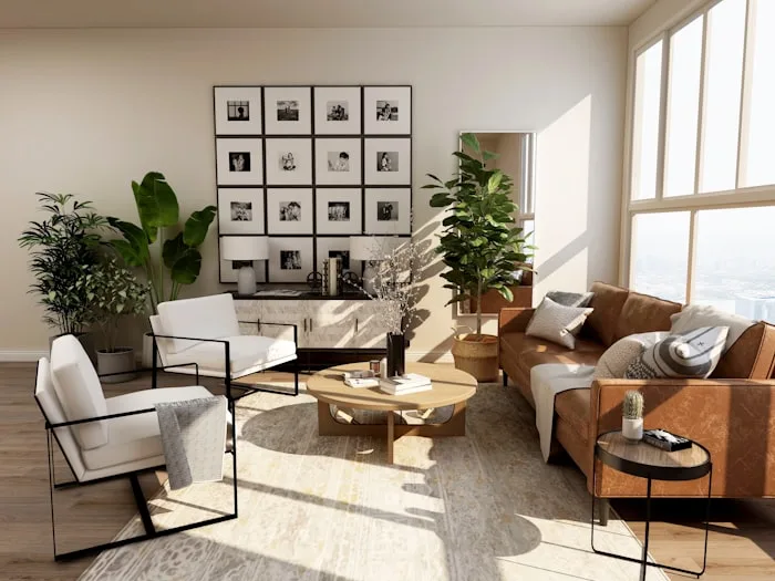 Sala residencial luminosa y acogedora con acabados naturales
